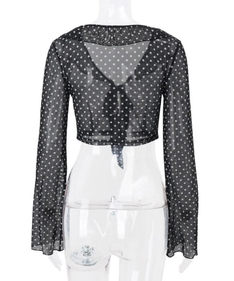 Retro Chic Sheer Polka Dot Tie-Front Crop Top | Women's Long Sleeve Fall Fashion