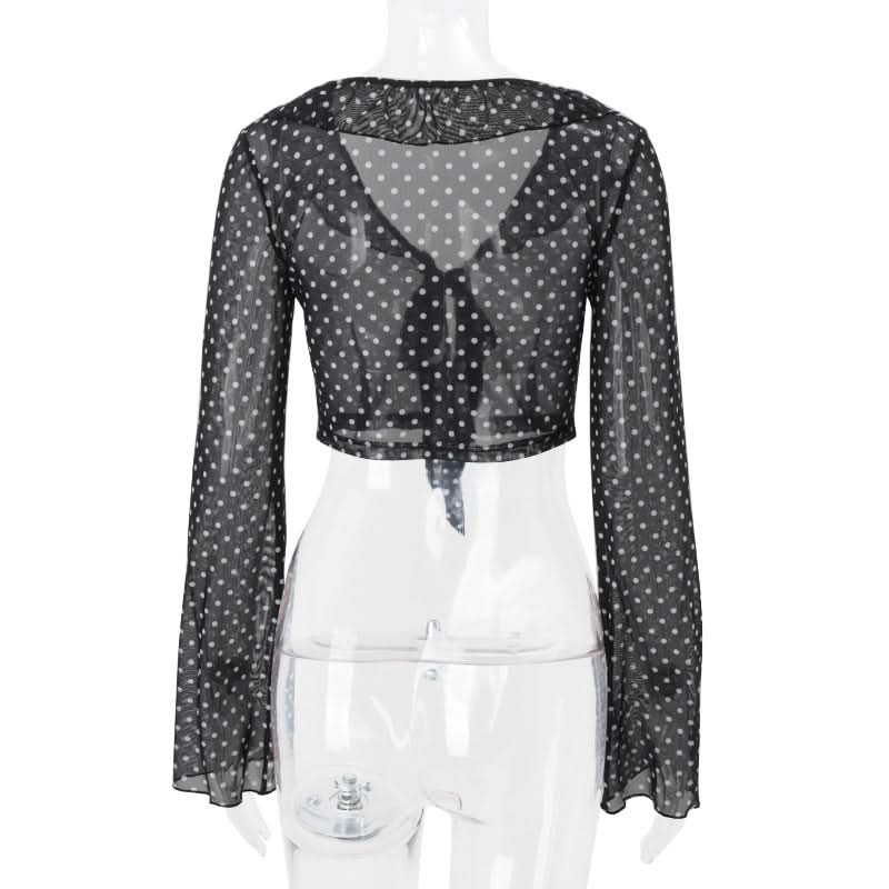 Retro Chic Sheer Polka Dot Tie-Front Crop Top | Women's Long Sleeve Fall Fashion