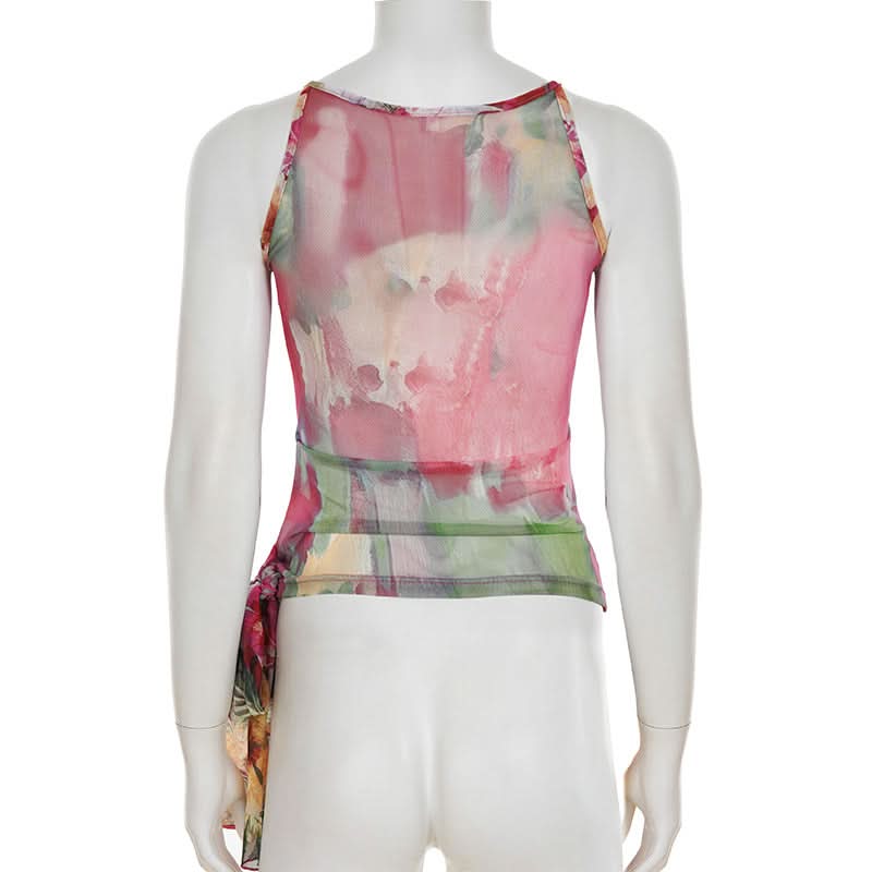 Effortless Fall Chic: Vibrant Floral Mesh Cami Top with Statement Tie