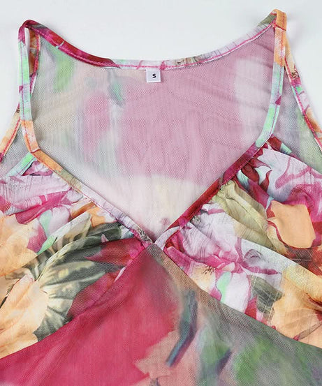Effortless Fall Chic: Vibrant Floral Mesh Cami Top with Statement Tie