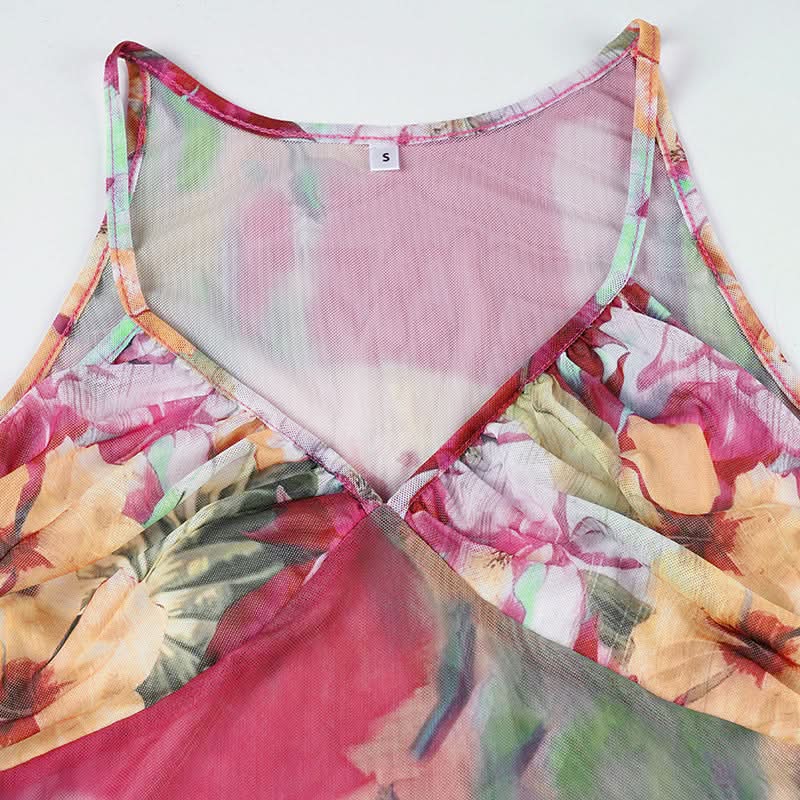 Effortless Fall Chic: Vibrant Floral Mesh Cami Top with Statement Tie