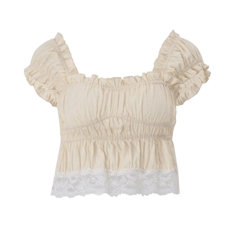 Romantic Cottagecore Smocked Crop Top with Lace Hem - Cozy Fall Style