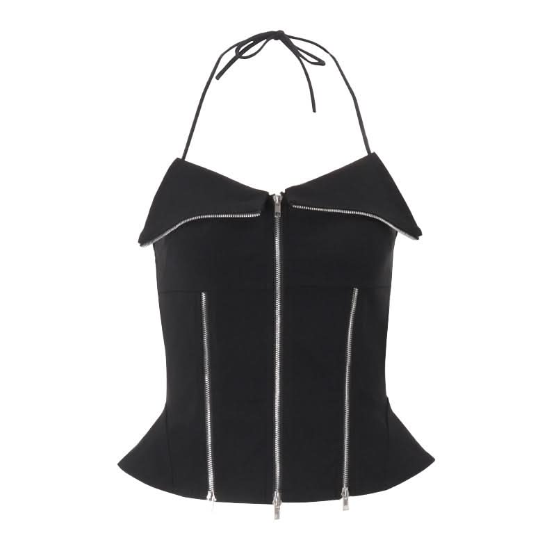 Edgy Corset-Style Zip-Up Halter Peplum Top - Fall Nights & Party Perfect