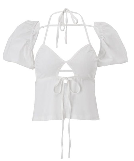 Chic White Halter Puff Sleeve Crop Top | Trendy Tie Front Cutout for Your Fall Getaway