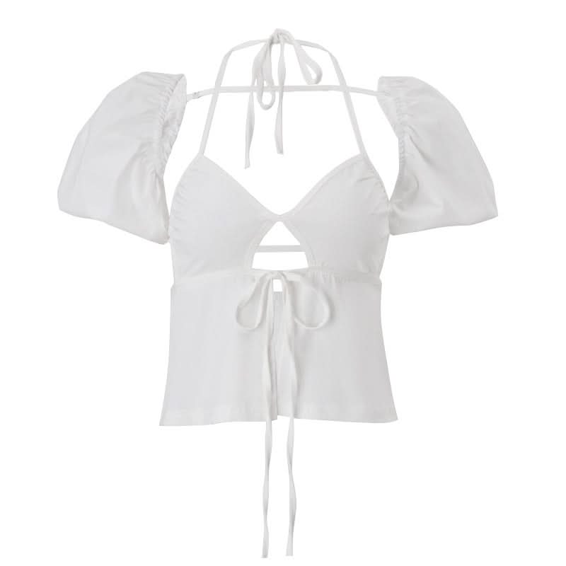 Chic White Halter Puff Sleeve Crop Top | Trendy Tie Front Cutout for Your Fall Getaway