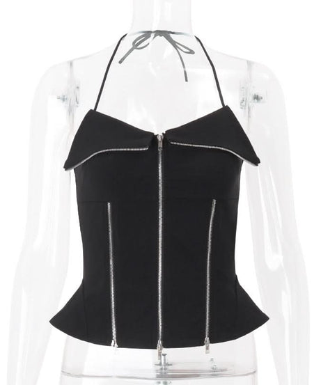 Edgy Corset-Style Zip-Up Halter Peplum Top - Fall Nights & Party Perfect