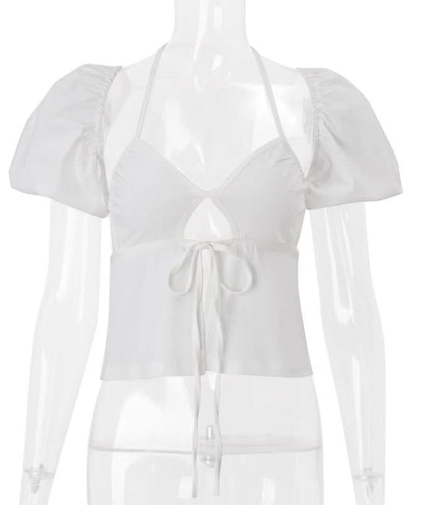 Chic White Halter Puff Sleeve Crop Top | Trendy Tie Front Cutout for Your Fall Getaway