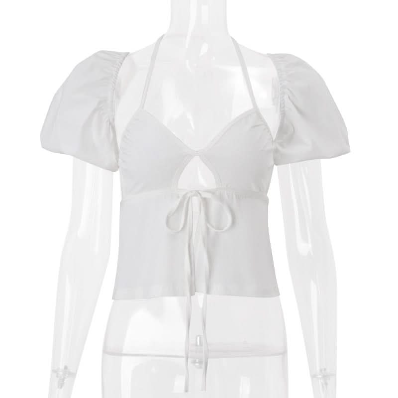 Chic White Halter Puff Sleeve Crop Top | Trendy Tie Front Cutout for Your Fall Getaway