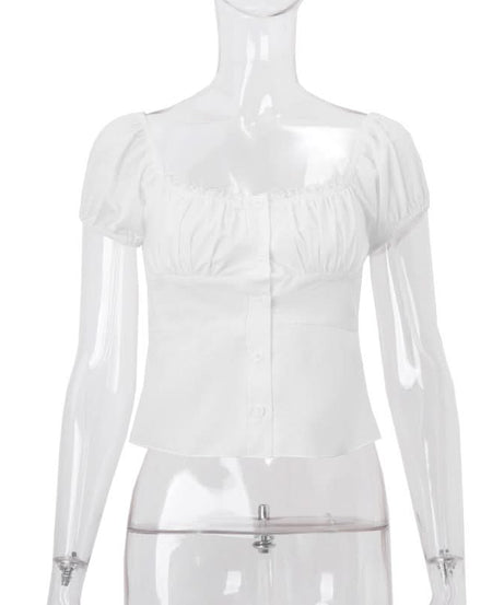 Chic White Puff Sleeve Button-Front Top for Women | Effortless Fall Style & Comfort