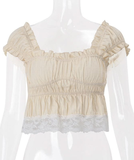 Romantic Cottagecore Smocked Crop Top with Lace Hem - Cozy Fall Style