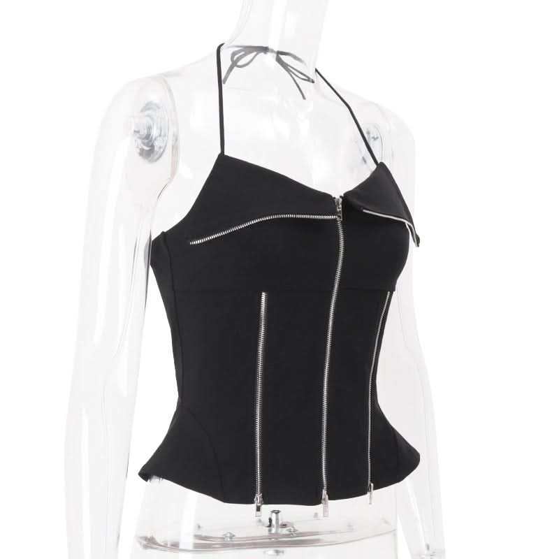 Edgy Corset-Style Zip-Up Halter Peplum Top - Fall Nights & Party Perfect