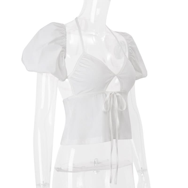 Chic White Halter Puff Sleeve Crop Top | Trendy Tie Front Cutout for Your Fall Getaway