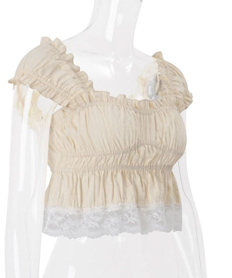Romantic Cottagecore Smocked Crop Top with Lace Hem - Cozy Fall Style