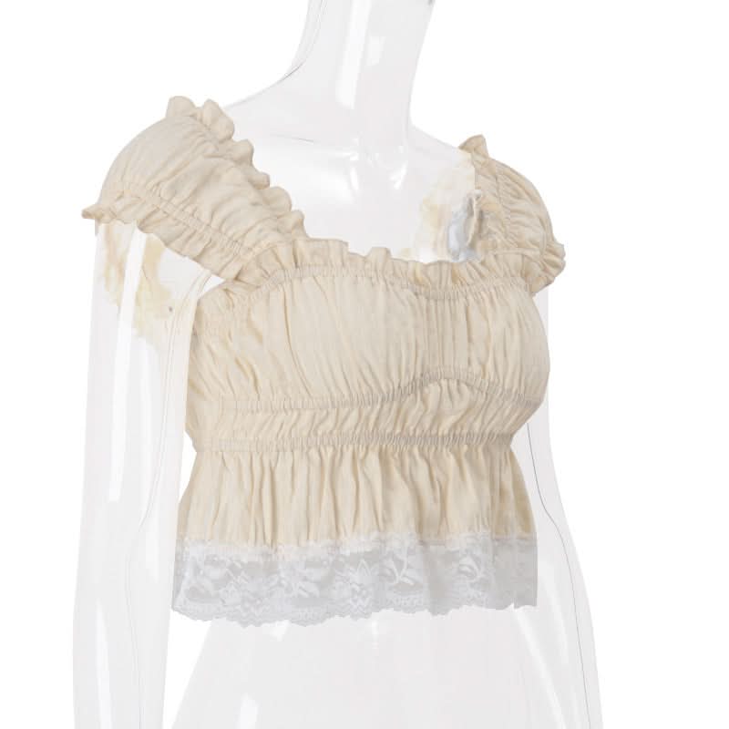 Romantic Cottagecore Smocked Crop Top with Lace Hem - Cozy Fall Style