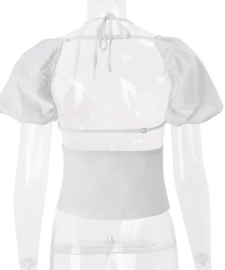 Chic White Halter Puff Sleeve Crop Top | Trendy Tie Front Cutout for Your Fall Getaway