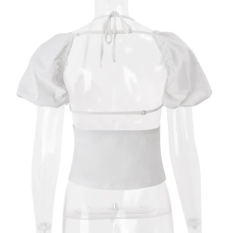 Chic White Halter Puff Sleeve Crop Top | Trendy Tie Front Cutout for Your Fall Getaway