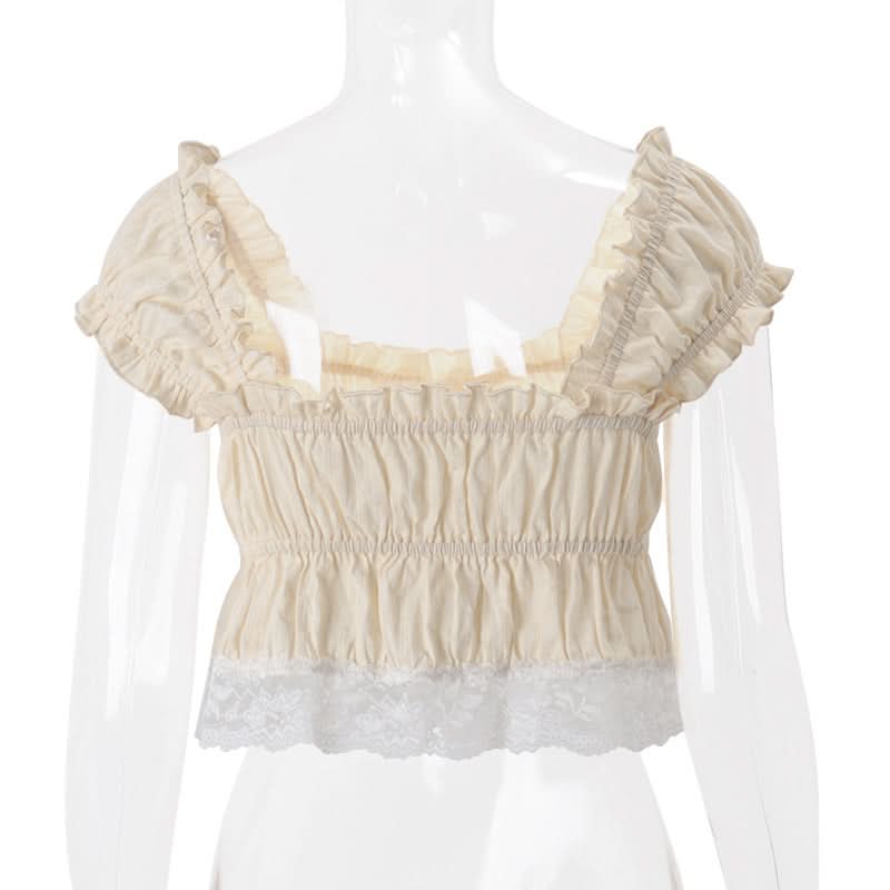 Romantic Cottagecore Smocked Crop Top with Lace Hem - Cozy Fall Style