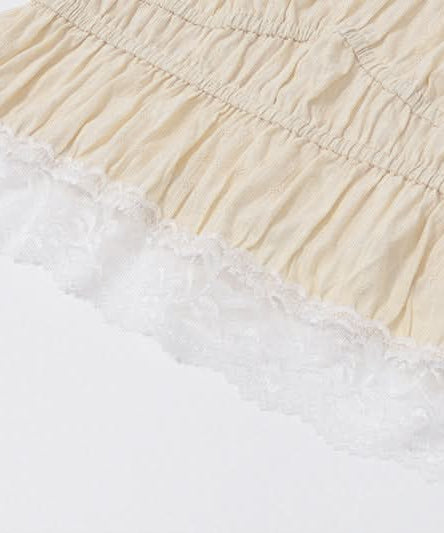 Romantic Cottagecore Smocked Crop Top with Lace Hem - Cozy Fall Style