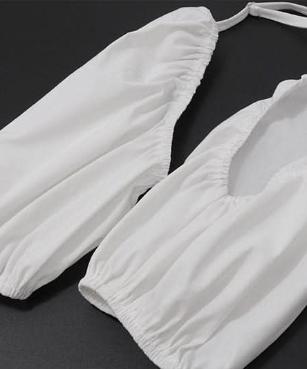 Chic White Halter Puff Sleeve Crop Top | Trendy Tie Front Cutout for Your Fall Getaway