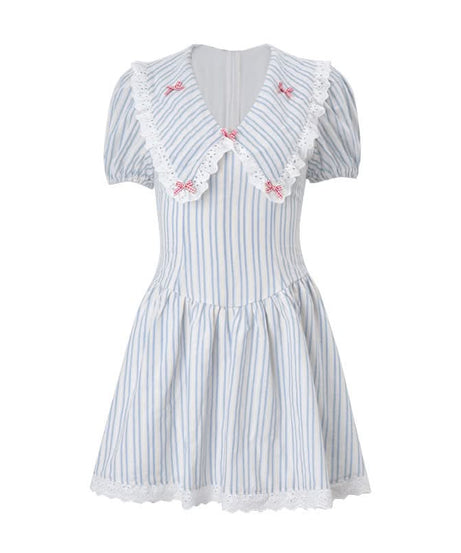 Charming Cottagecore Striped Mini Dress | Sweet Ruffle Collar & Bow Accents