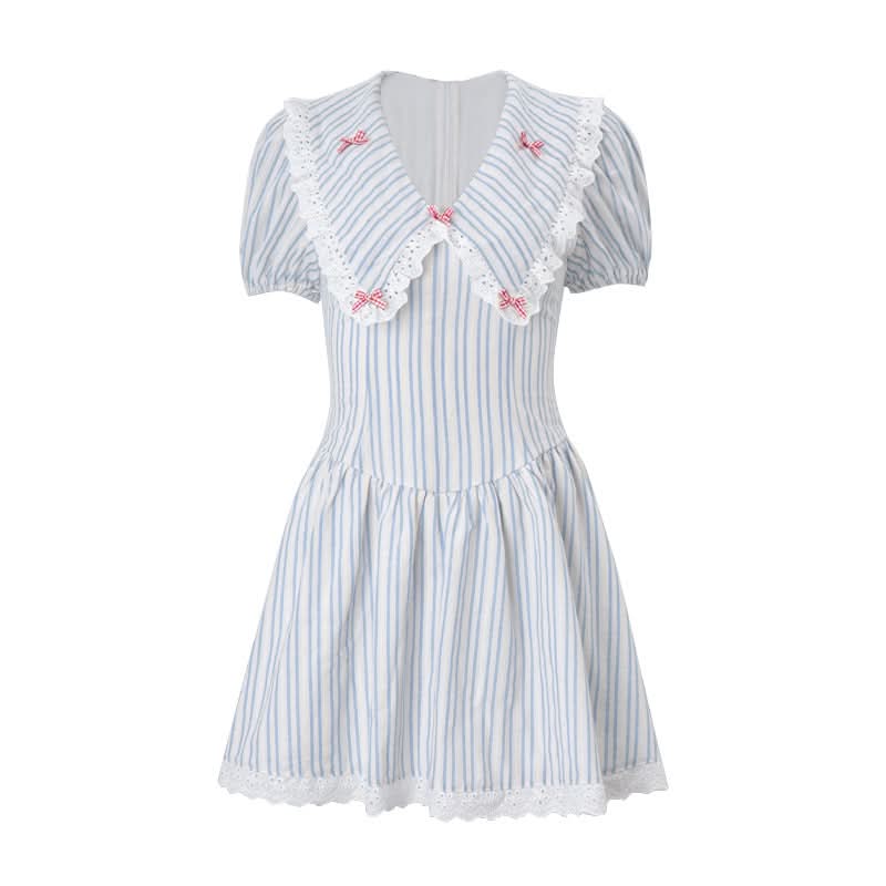 Charming Cottagecore Striped Mini Dress | Sweet Ruffle Collar & Bow Accents