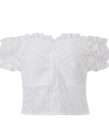 Dreamy White Eyelet Off-Shoulder Blouse | Ruffle Puff Sleeve & Ruched Front Top