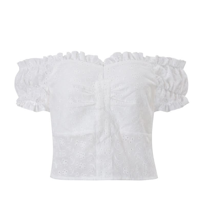 Dreamy White Eyelet Off-Shoulder Blouse | Ruffle Puff Sleeve & Ruched Front Top