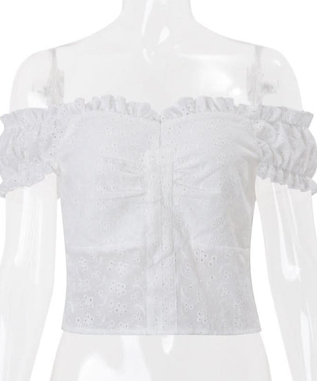 Dreamy White Eyelet Off-Shoulder Blouse | Ruffle Puff Sleeve & Ruched Front Top