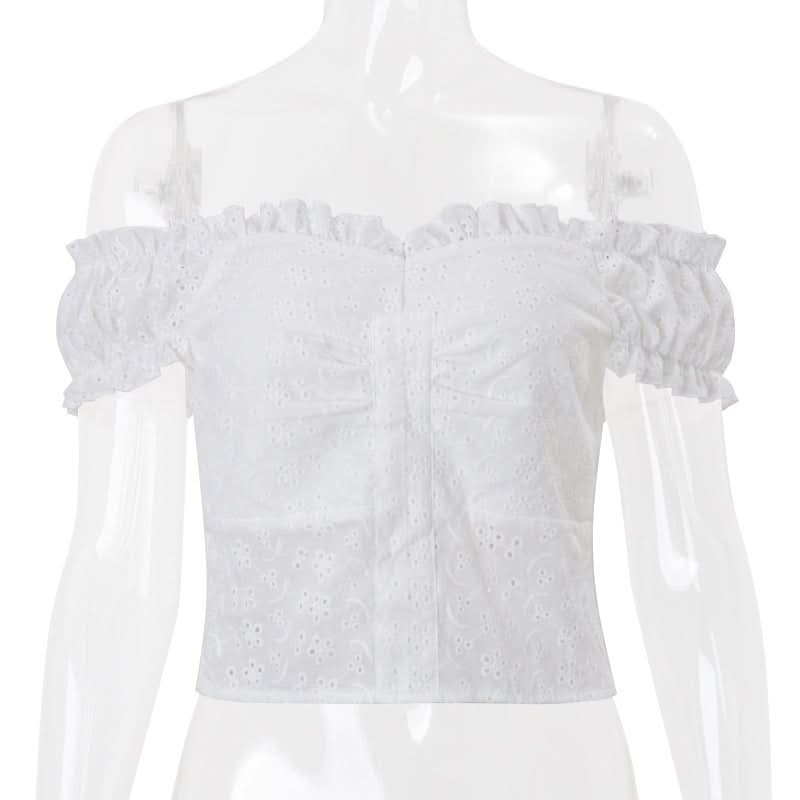 Dreamy White Eyelet Off-Shoulder Blouse | Ruffle Puff Sleeve & Ruched Front Top