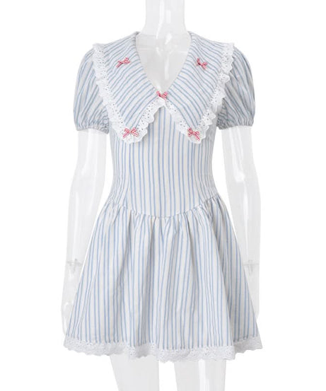 Charming Cottagecore Striped Mini Dress | Sweet Ruffle Collar & Bow Accents