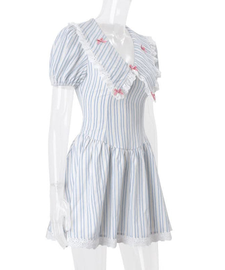 Charming Cottagecore Striped Mini Dress | Sweet Ruffle Collar & Bow Accents