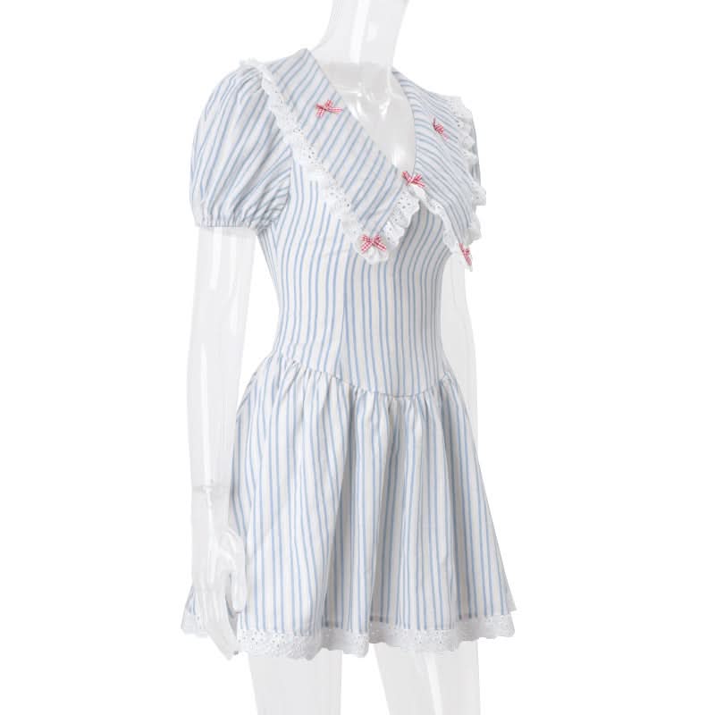 Charming Cottagecore Striped Mini Dress | Sweet Ruffle Collar & Bow Accents
