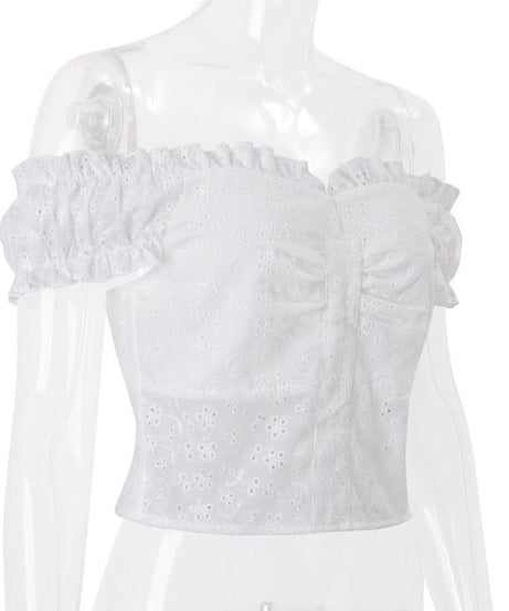Dreamy White Eyelet Off-Shoulder Blouse | Ruffle Puff Sleeve & Ruched Front Top