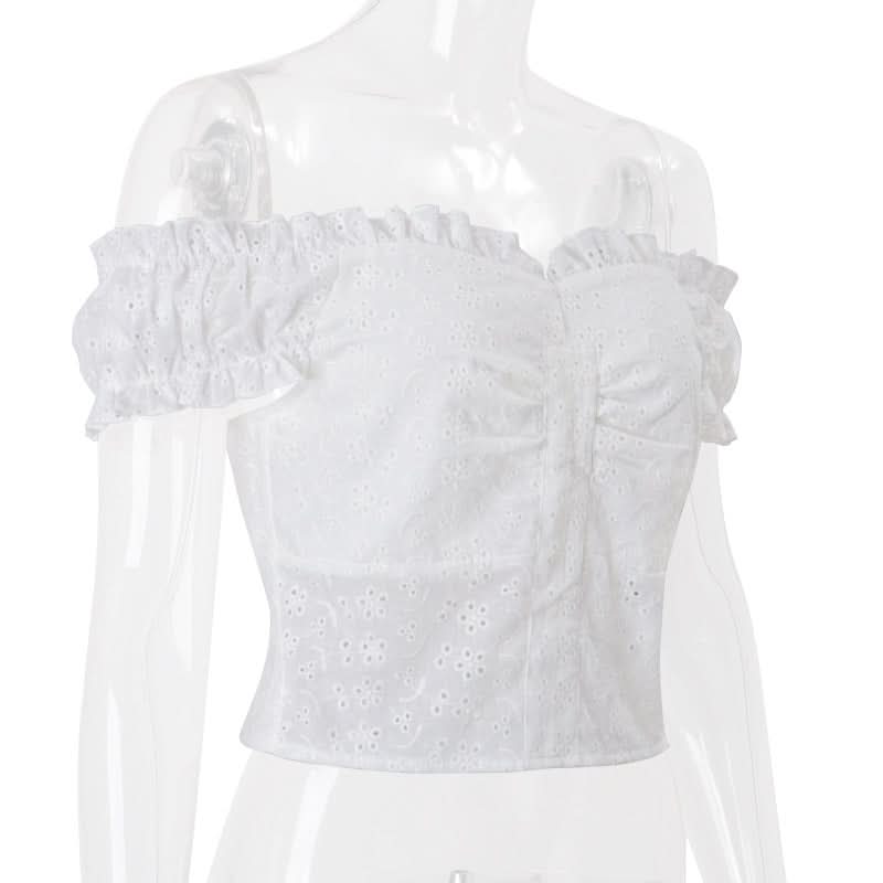 Dreamy White Eyelet Off-Shoulder Blouse | Ruffle Puff Sleeve & Ruched Front Top