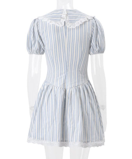 Charming Cottagecore Striped Mini Dress | Sweet Ruffle Collar & Bow Accents