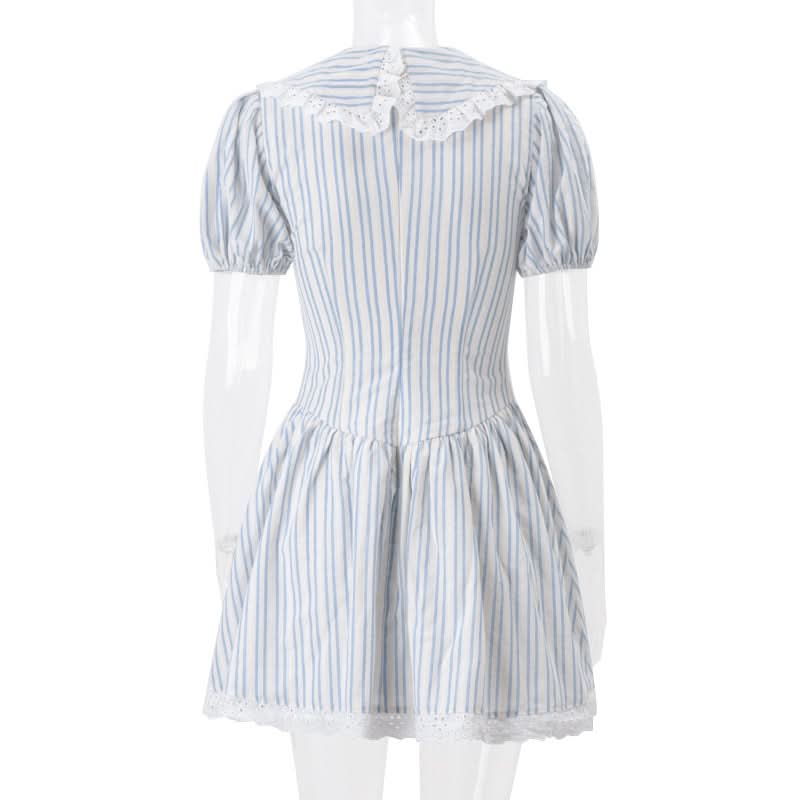Charming Cottagecore Striped Mini Dress | Sweet Ruffle Collar & Bow Accents