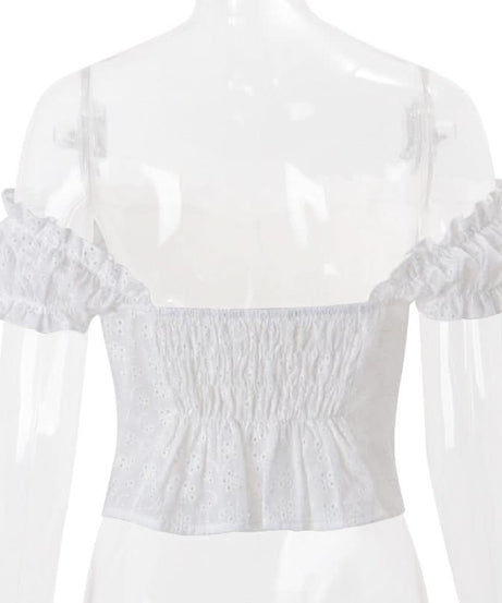 Dreamy White Eyelet Off-Shoulder Blouse | Ruffle Puff Sleeve & Ruched Front Top