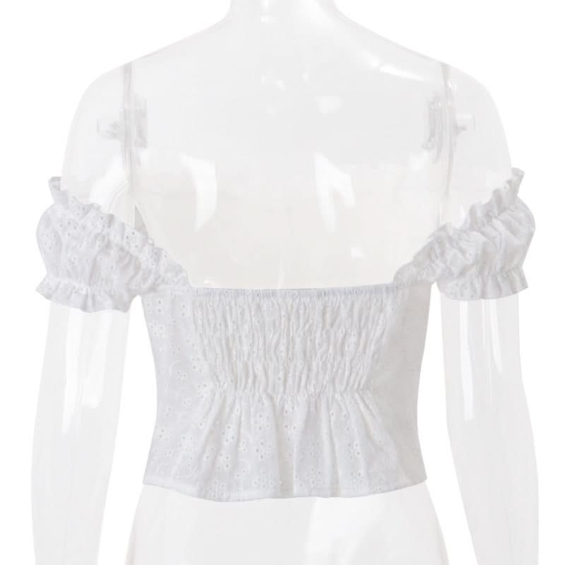 Dreamy White Eyelet Off-Shoulder Blouse | Ruffle Puff Sleeve & Ruched Front Top