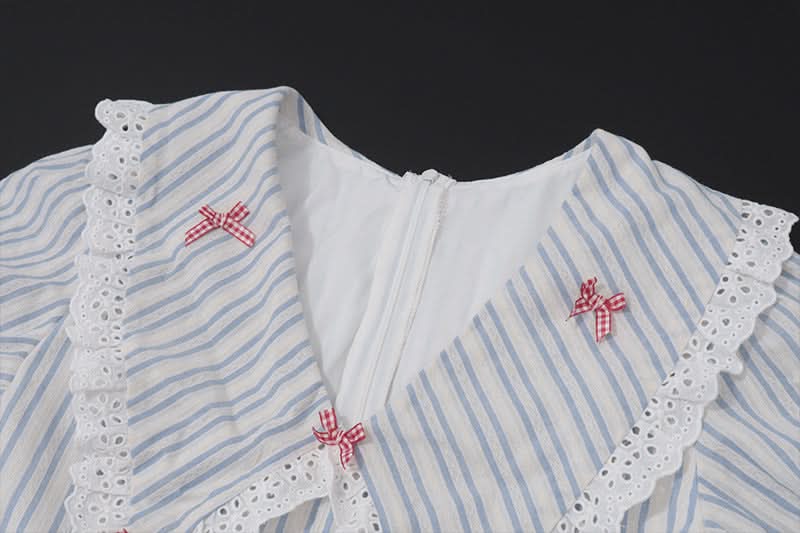 Charming Cottagecore Striped Mini Dress | Sweet Ruffle Collar & Bow Accents