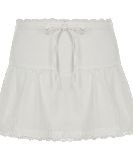 Effortless White Eyelet Mini Skirt - Scalloped Hem & Tie Waist for Resort & Transitional Style
