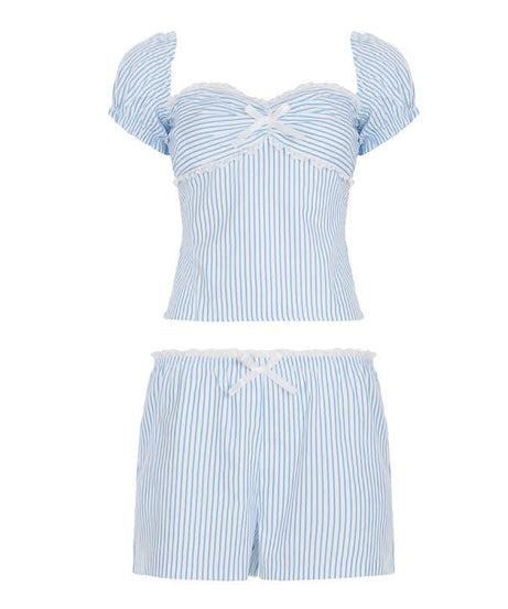 Chic Pinstripe Bow Loungewear Set | Smocked Puff Sleeve Top & Shorts for Cozy Fall Nights