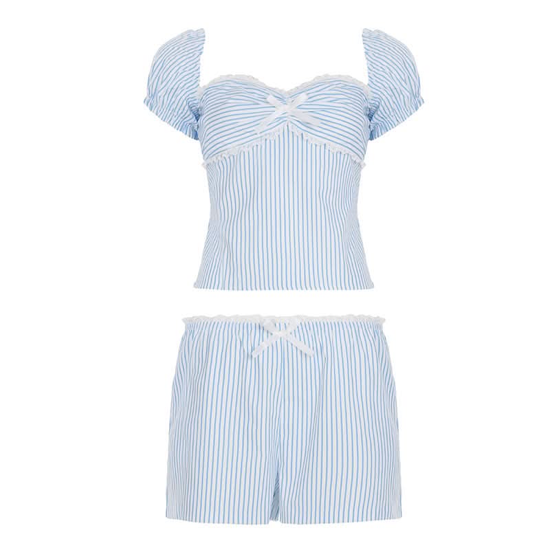 Chic Pinstripe Bow Loungewear Set | Smocked Puff Sleeve Top & Shorts for Cozy Fall Nights