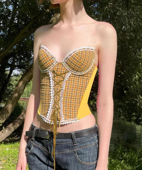 Chic Fall Plaid Lace-Up Corset Top - Y2K Vintage Strapless Bustier for American Women