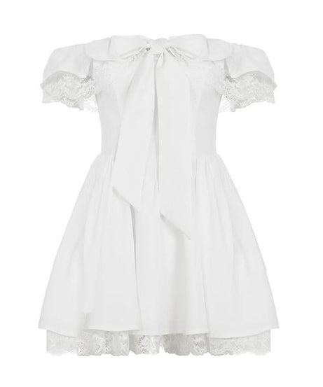 Autumn Romance: Chic Off-Shoulder Bow Mini Dress with Delicate Lace Hem
