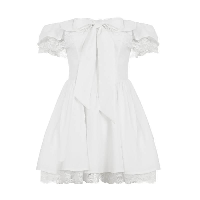 Autumn Romance: Chic Off-Shoulder Bow Mini Dress with Delicate Lace Hem