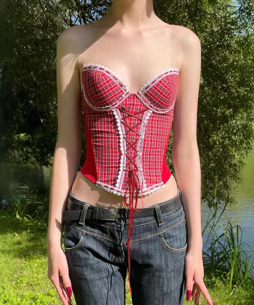 Chic Fall Plaid Lace-Up Corset Top - Y2K Vintage Strapless Bustier for American Women