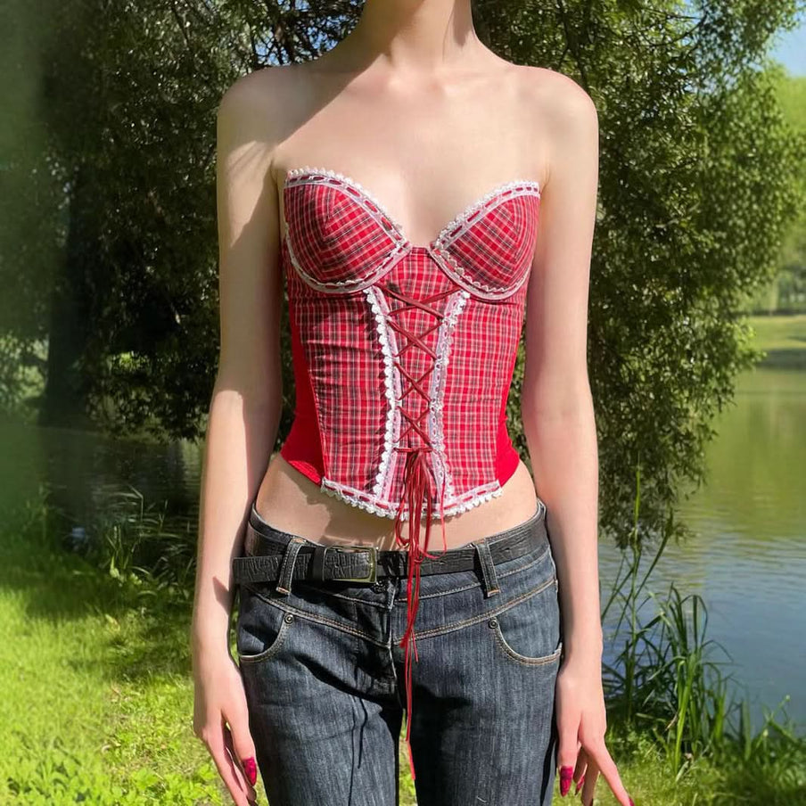 Chic Fall Plaid Lace-Up Corset Top - Y2K Vintage Strapless Bustier for American Women