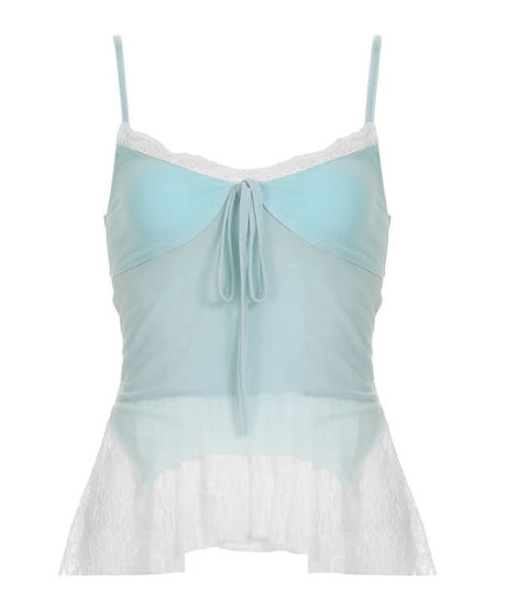 Coquette Dream: Aqua Lace Peplum Cami Top | Self-Tie & Sheer Hem for Fall Style