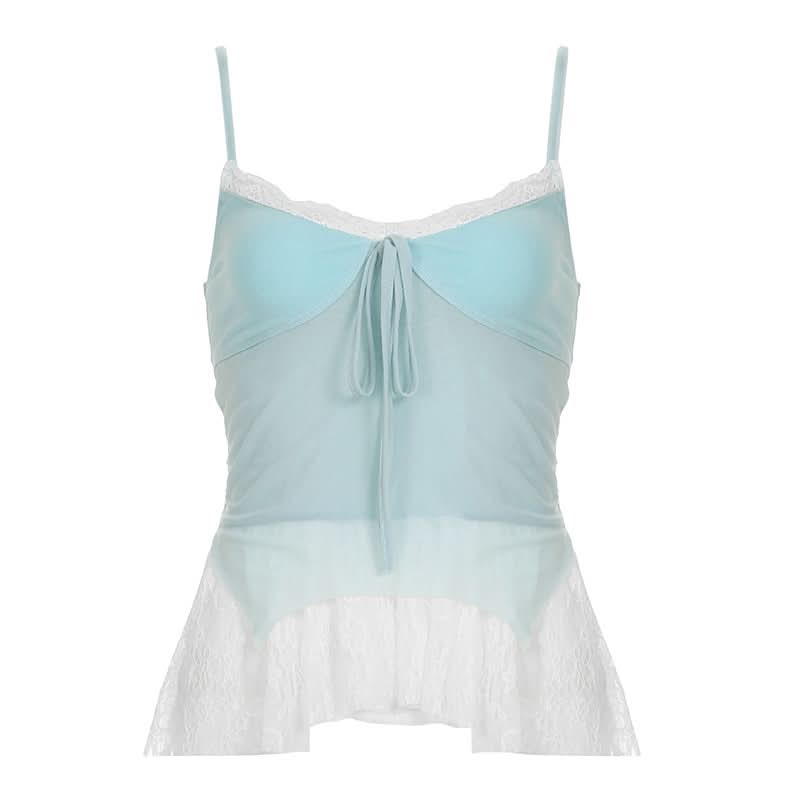 Coquette Dream: Aqua Lace Peplum Cami Top | Self-Tie & Sheer Hem for Fall Style