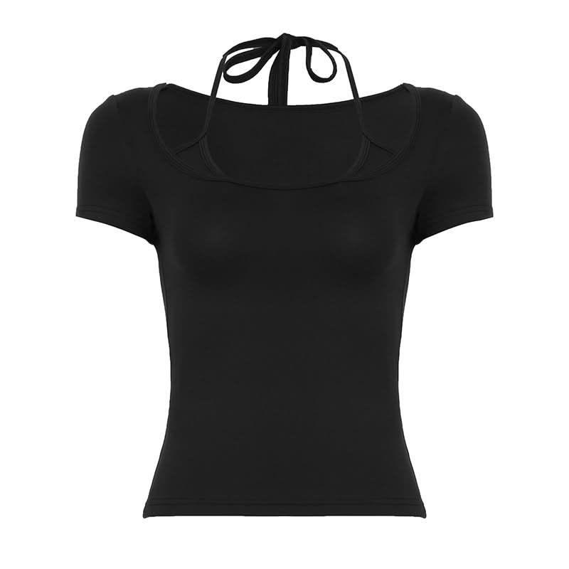 Elevated Black Halter Tie Short Sleeve Top - Fall's Chic & Versatile Wardrobe Essential